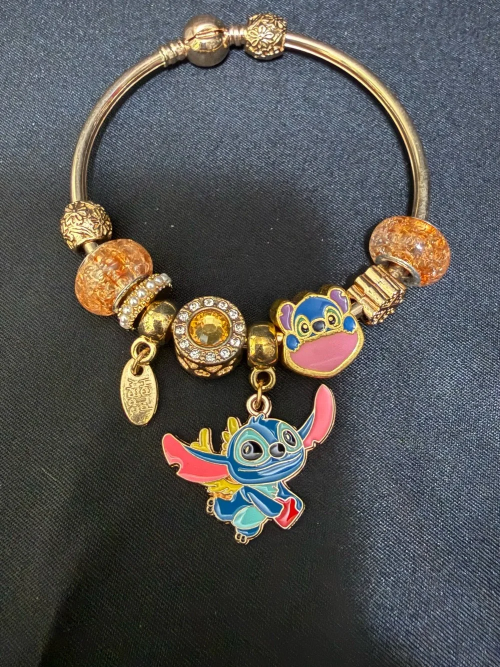 Kids Gold-Tone Stitch Charm Bangle Bracelet - Blue & Pink